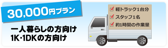 30,000円プラン 一人暮らしの方向け１K・１DKの方向け 軽トラック１台分、スタッフ１名、約１時間の作業量