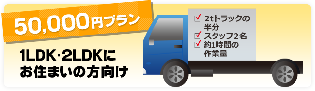 50,000円プラン 1LDK・２LDKにお住まいの方向け ２ｔトラックの半分 スタッフ２名 約１時間の作業量